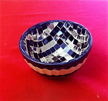 Handcrafted blue and silver mosaic disco bowl with intricate patterns, perfect for decorative or serving purposes.