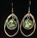 Abalone shell double teardrop earrings with iridescent blue and green hues, featuring polished silver hooks.