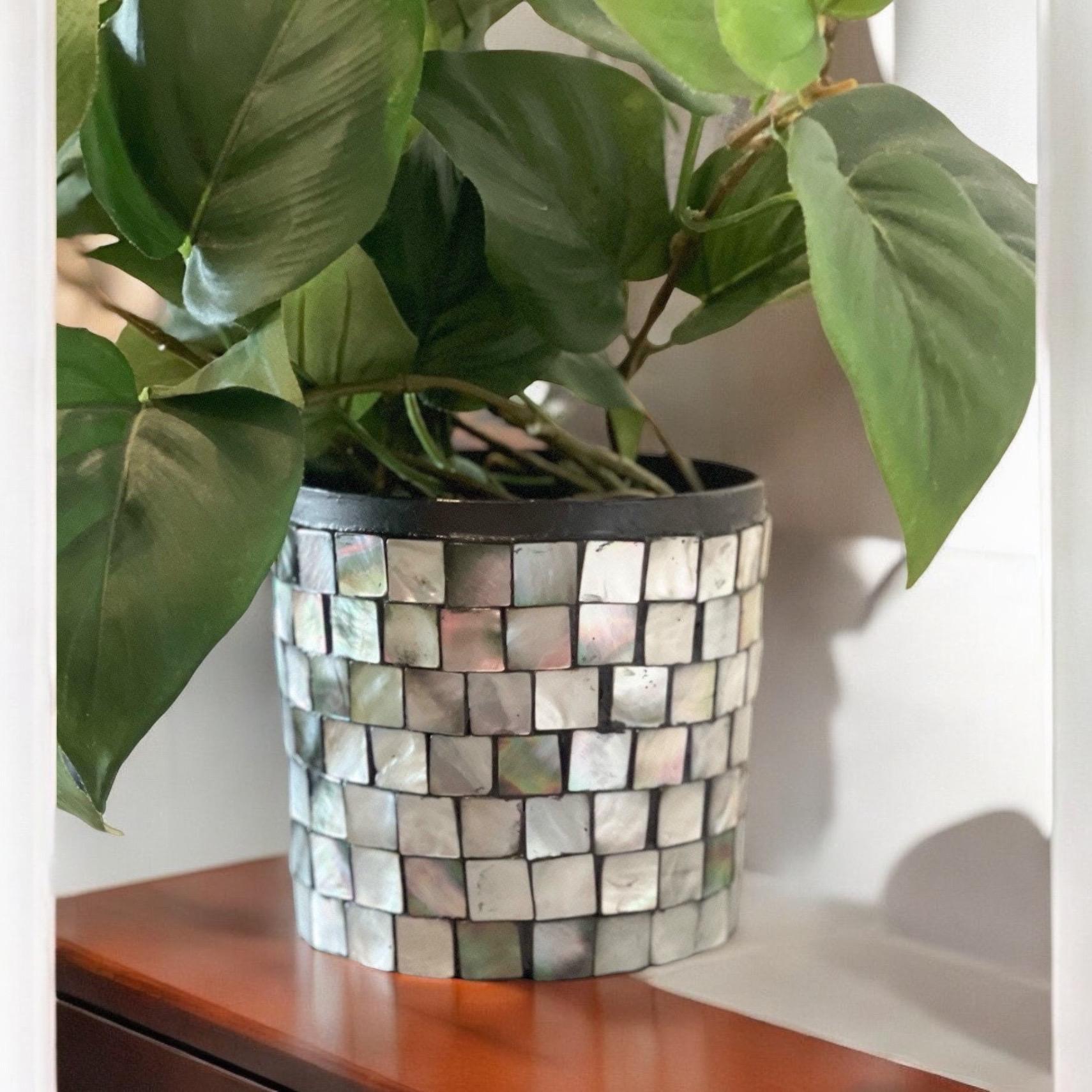 Luminous smoky pearl mosaic vase with intricate pattern, showcasing a glossy finish and elegant design.