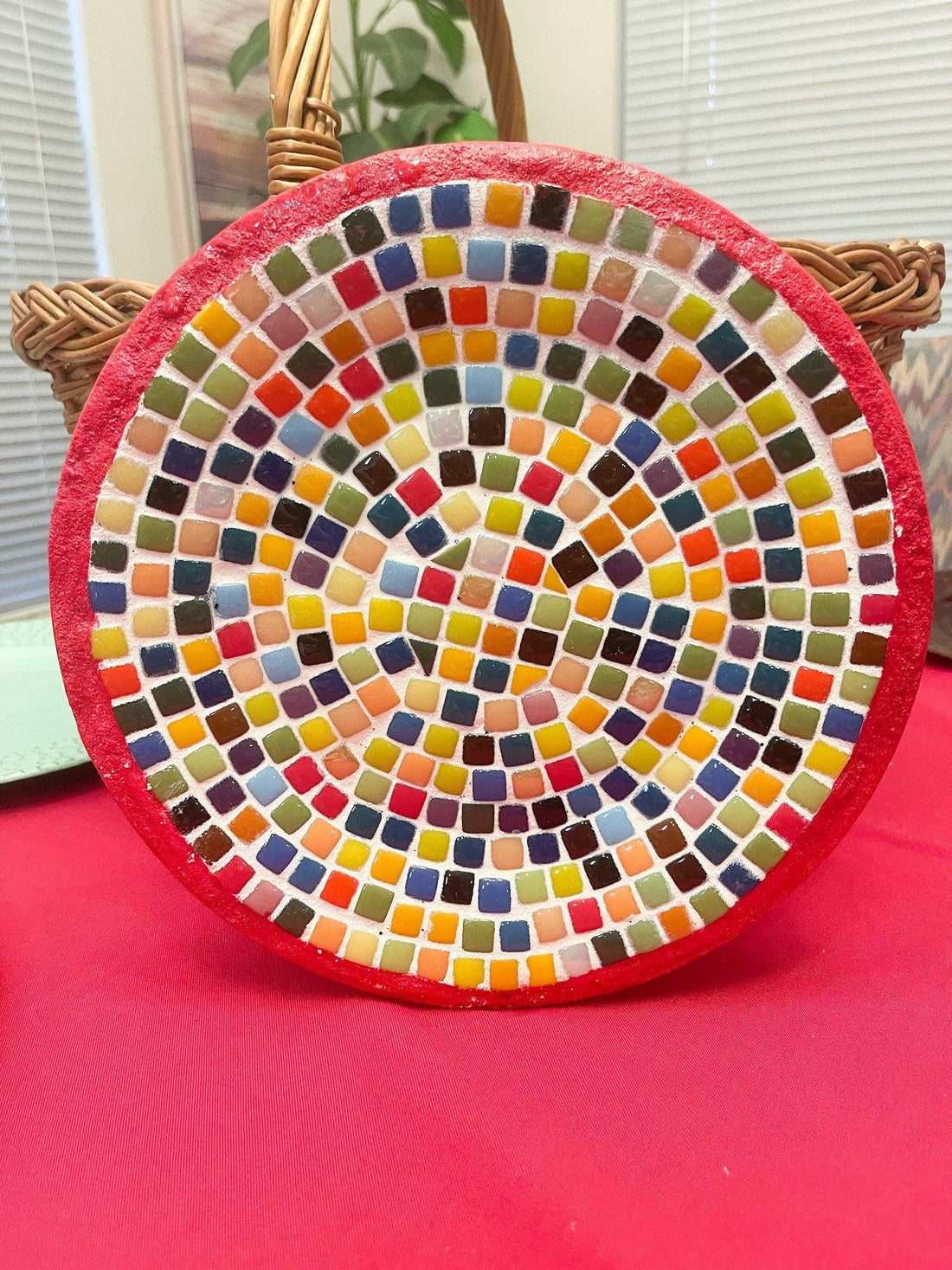Colorful handcrafted rainbow mosaic decorative plate with intricate 3D design, perfect for vibrant home decor.