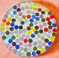 Colorful handcrafted polka dot rainbow mosaic plant stand with three legs, designed by Miss Bette's Creations.