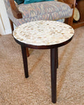Tall Capiz shell mosaic plant stand featuring a sleek, modern design with a sturdy base and intricate shell pattern.