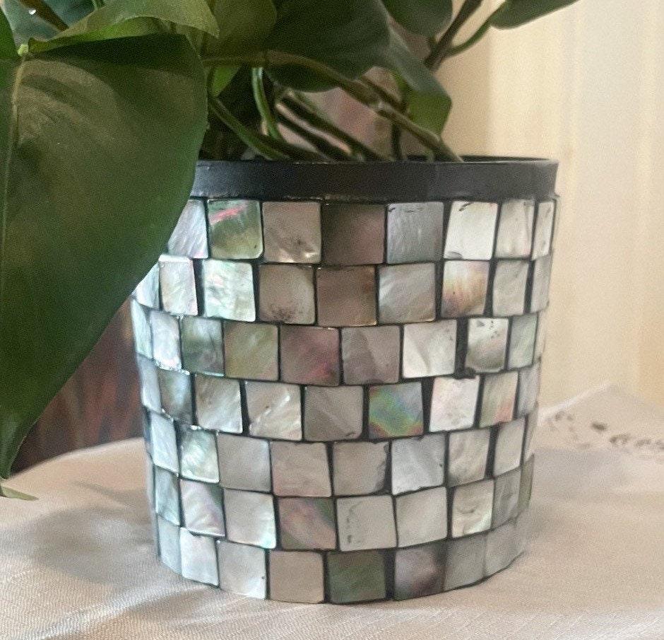 Luminous Smoky Pearl Mosaic Vase showcasing a shimmering, artistic design with smoky pearl mosaic patterns, perfect for elegant decor.