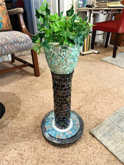 Tall Decorative Planter| Handmade | Black and Silver | Mosaic Planter | Plant Tower