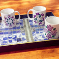 Artisan Ocean Blue Mosaic Serving Tray with intricate tile pattern, perfect for serving food or as a decorative piece.