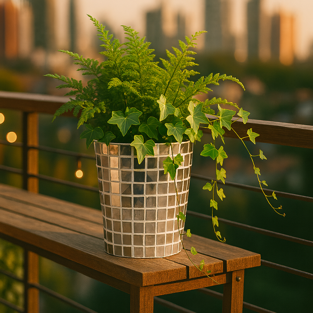 Artificial snake plant in silver mosaic planter, showcasing lush green foliage and decorative ceramic design.
