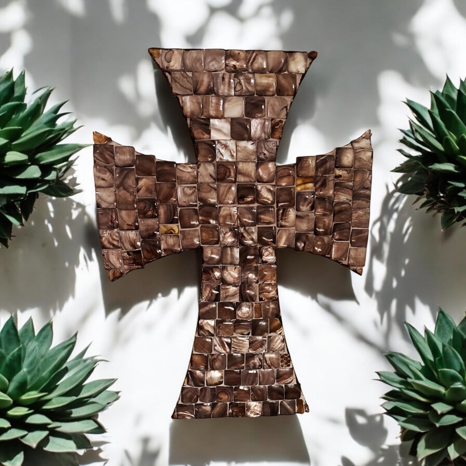 Mother of Pearl Mosaic Cross with intricate pearl inlay, showcasing detailed craftsmanship and elegant design.
