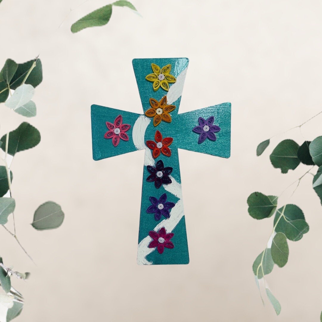 Handcrafted mosaic cross with colorful ceramic tiles, detailed religious decor piece from My Store.