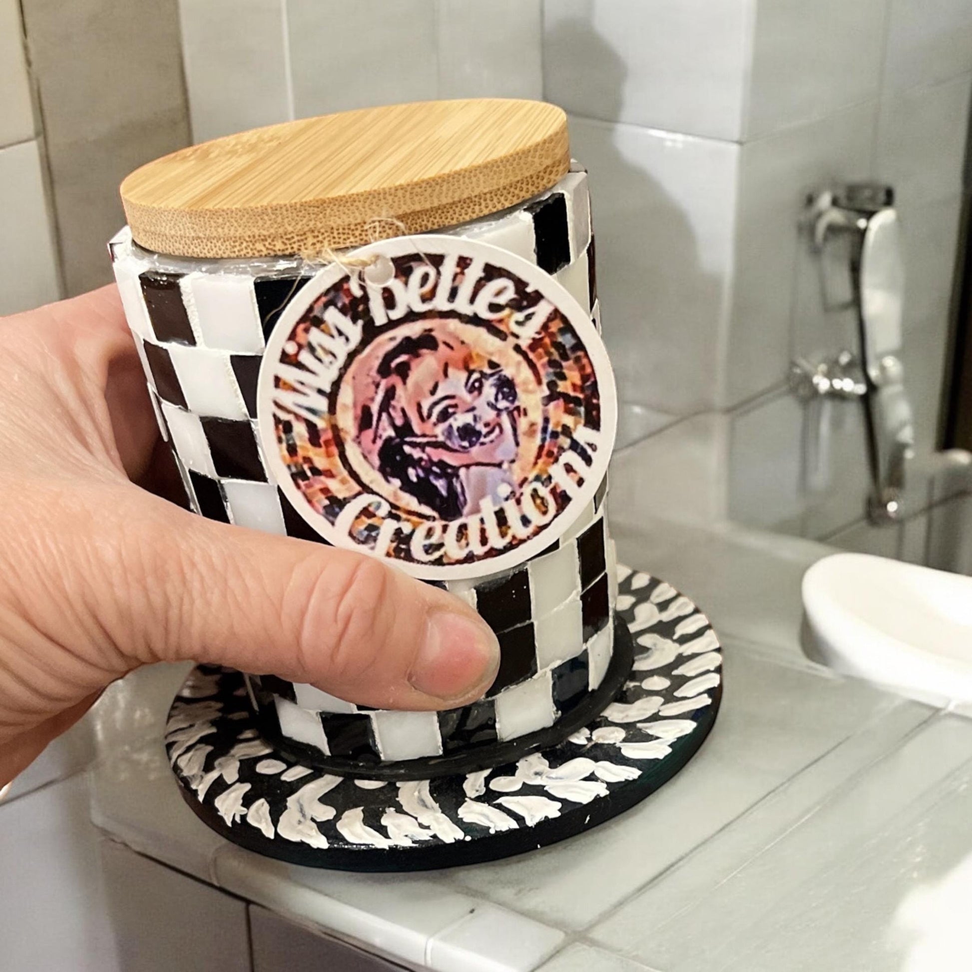 Handcrafted black and white checkerboard mosaic jar with intricate pattern, made by My Store, showcasing detailed mosaic craftsmanship.