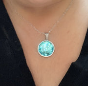 Teal Blue Crushed Glass and Silver Round Pendant Necklace