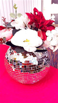 Mirror ball disco globe vase with reflective surface and spherical shape, perfect for decorative floral arrangements.