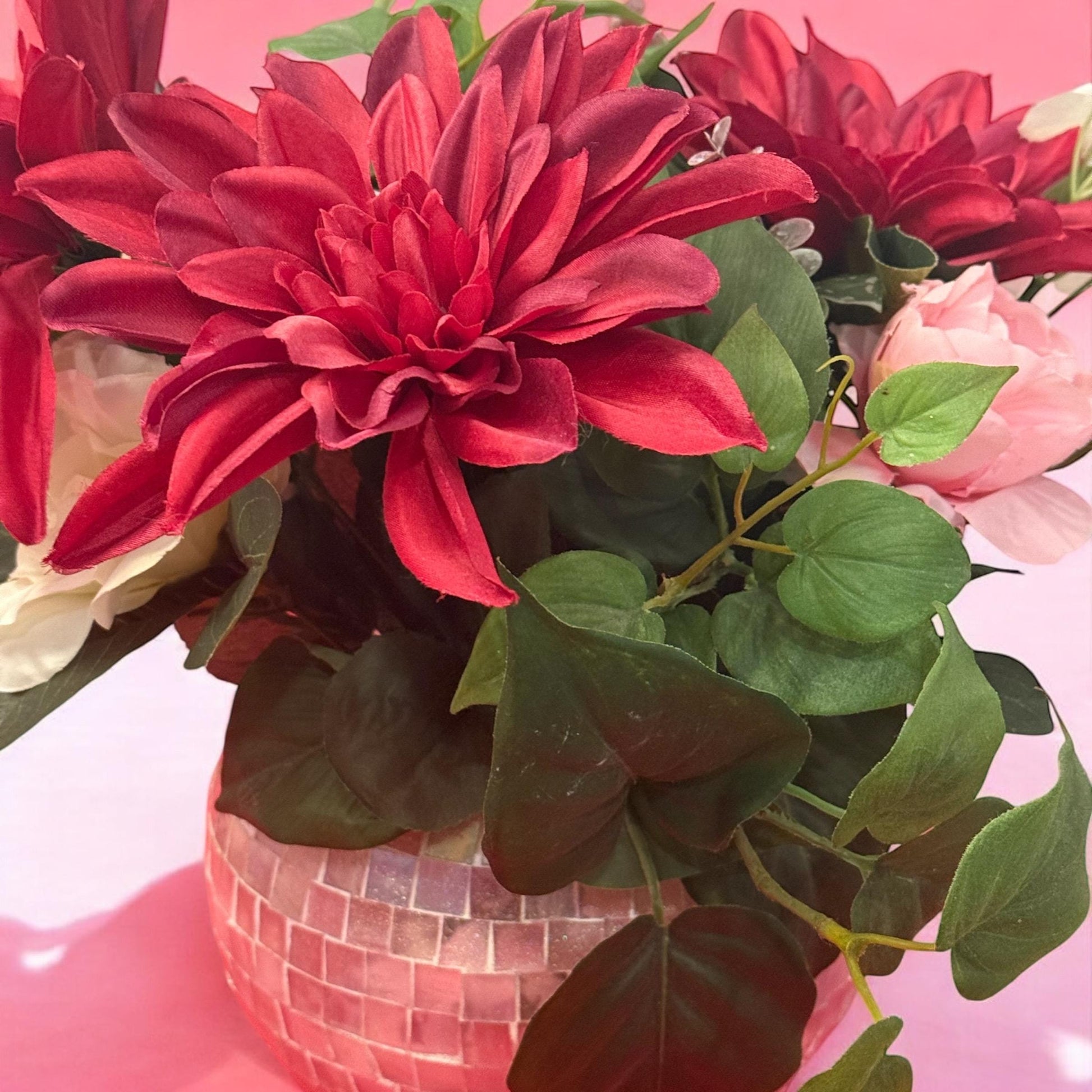 Blush rose mosaic globe vase with intricate tile patterns, decorative glass vase for floral arrangements.