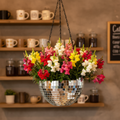 Hanging disco ball planter with artificial pink carnations, decorative floral container from Miss Bette's Creations.