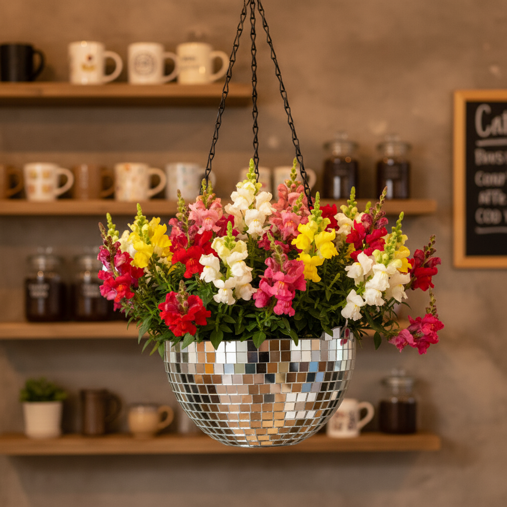Hanging disco ball planter with artificial pink carnations, decorative floral container from Miss Bette's Creations.