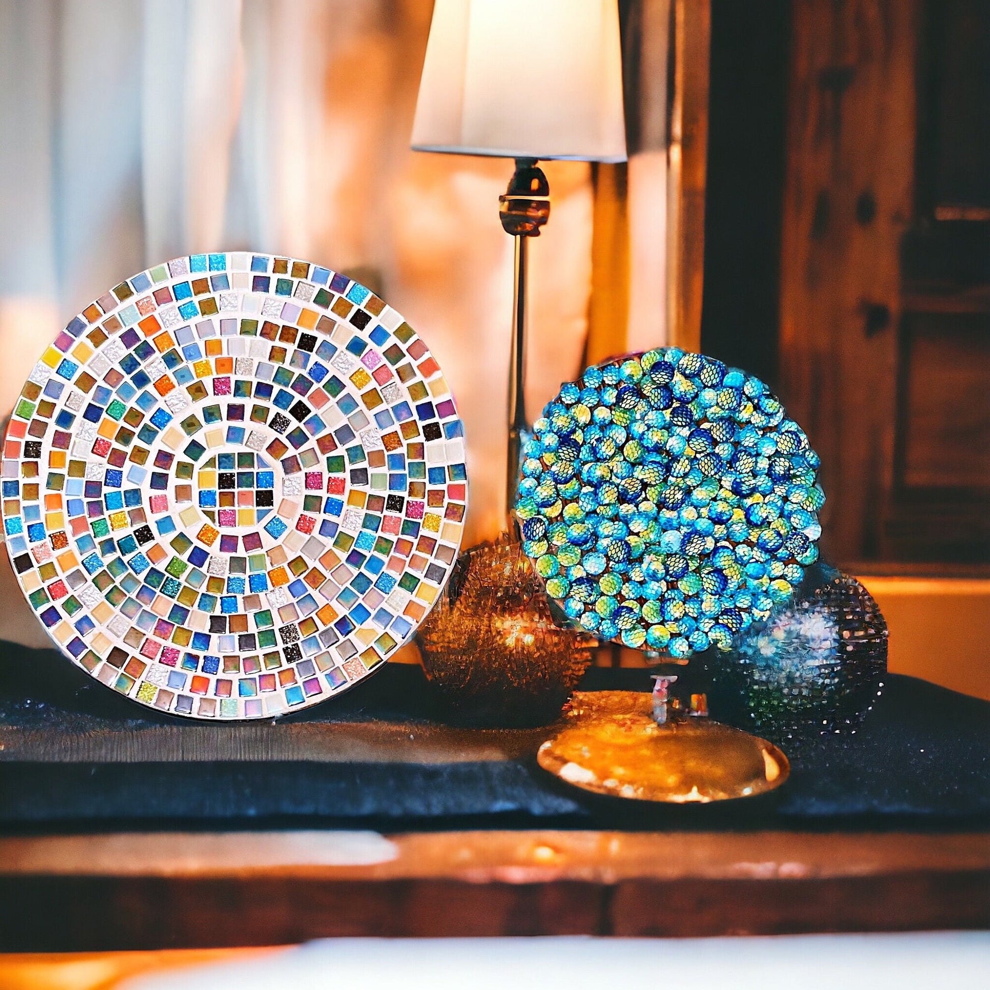 10-inch handcrafted rainbow mosaic plant stand by Miss Bette's Creations with colorful tiled design and sturdy base.