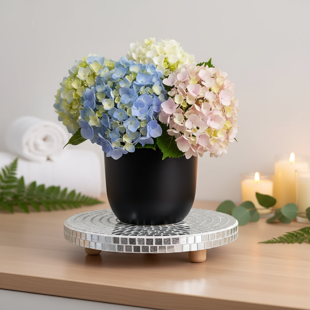 Reflective mirror mosaic pedestal stand by Miss Bette's Creations, featuring a decorative, shiny surface and sturdy base for display.