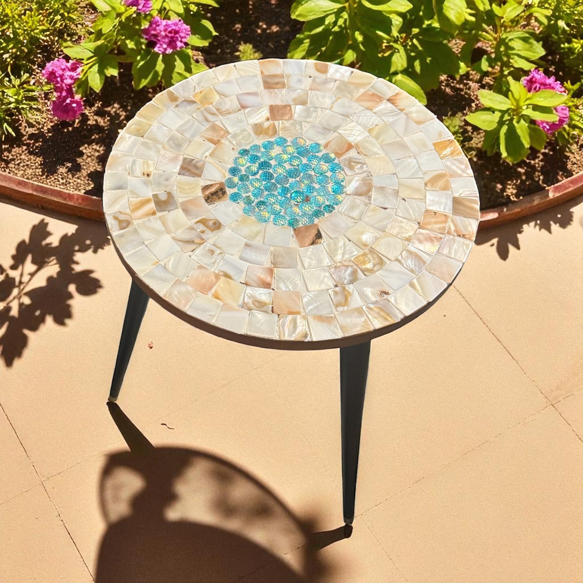 Tall Mother of Pearl Mosaic Plant Stand by Miss Bette's Creations with intricate mosaic design and sturdy metal frame.