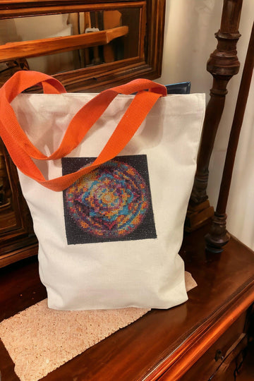Handmade diamond art mandala design on canvas tote bag, durable and stylish accessory with intricate colorful patterns.