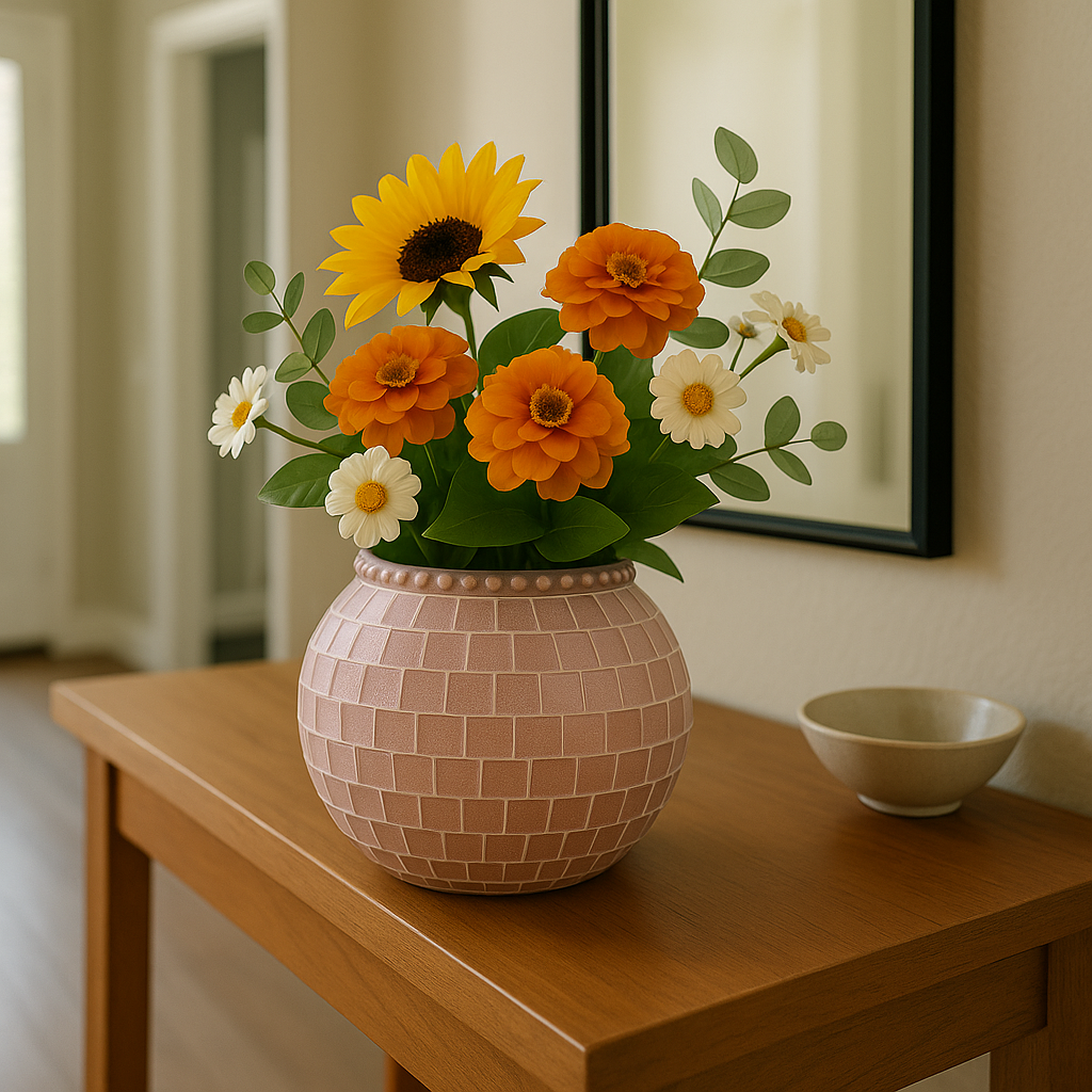 Blush rose mosaic globe vase with intricate glass tile patterns, designed for floral arrangements and decorative displays.