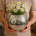 Mirror ball disco globe vase with reflective surface and spherical shape, perfect for decorative floral arrangements.