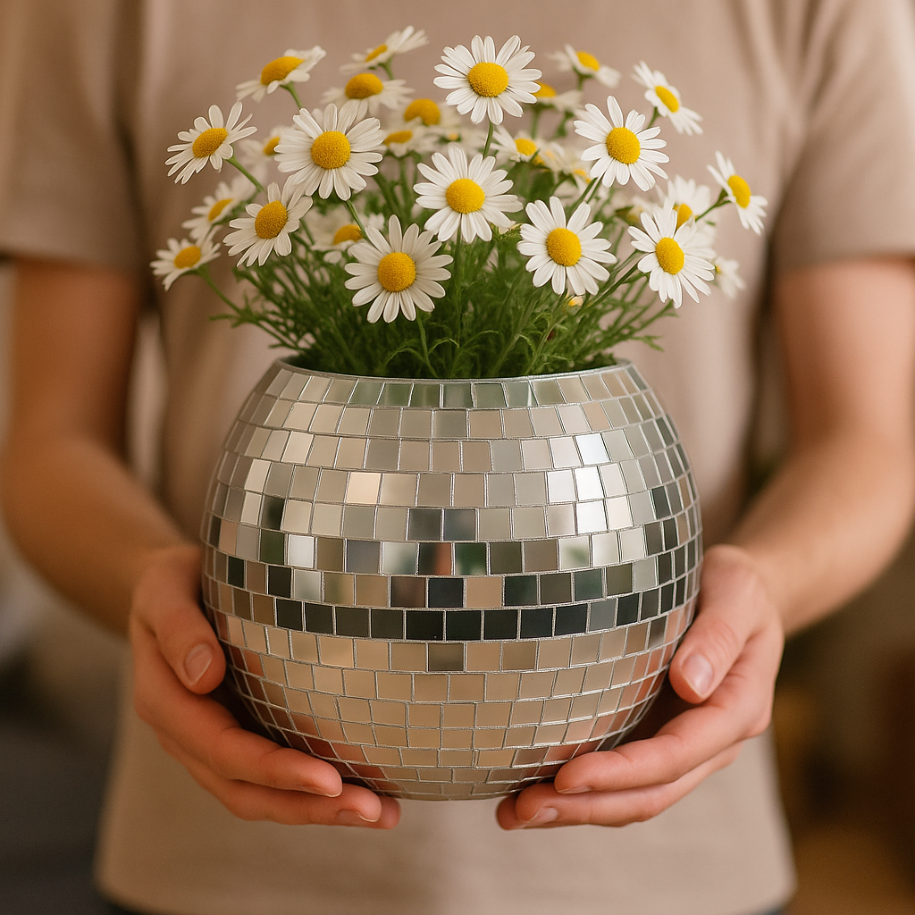 Mirror ball disco globe vase with reflective surface and spherical shape, perfect for decorative floral arrangements.