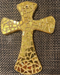 Handcrafted gold mosaic cross by Miss Bette's Creations, featuring intricate gold tile details and a religious decorative design.