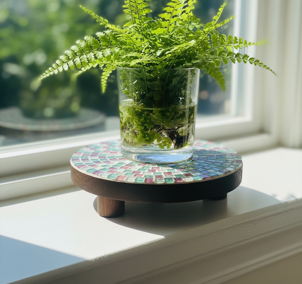 Handcrafted pink and green mosaic plant stand by Miss Bette's Creations, featuring colorful tile design and sturdy metal legs.