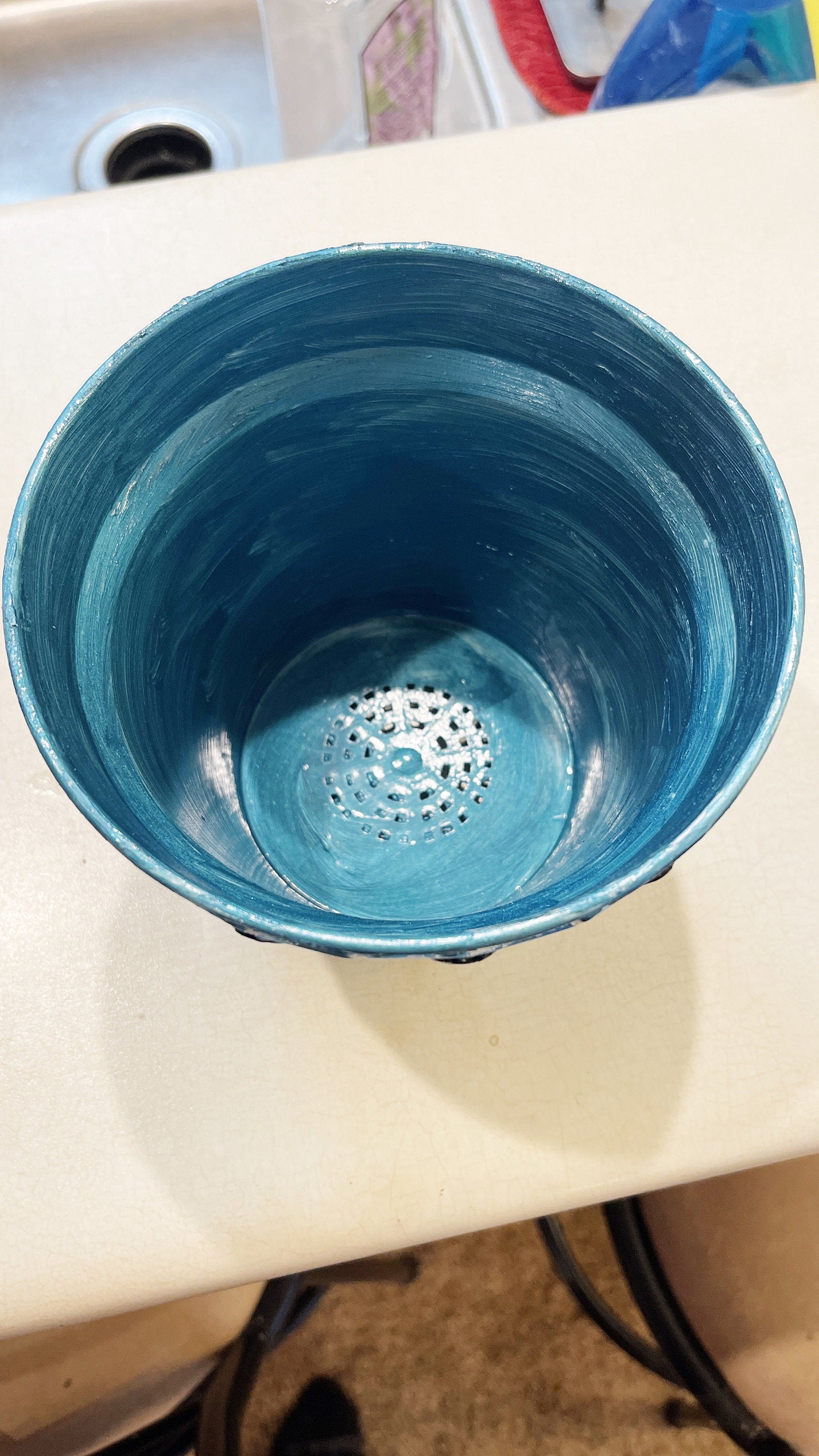 Turquoise mother of pearl flower pot with floral design, decorative ceramic planter for indoor or outdoor use