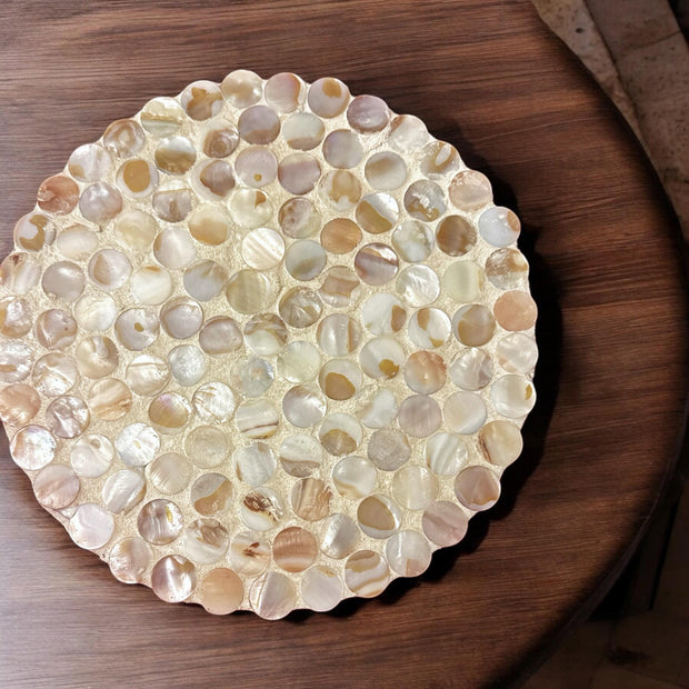 Scalloped Mother of Pearl Plant Stand | Round Tiles | 10” Round Stand | Wooden Plant Stand