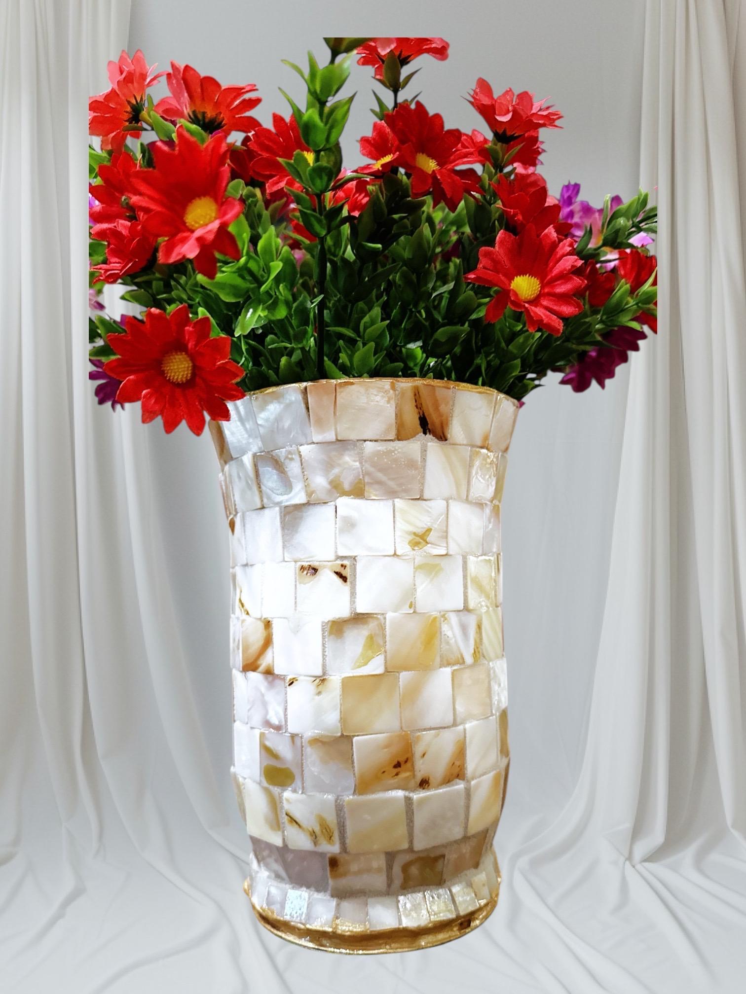 Handcrafted tapered vase with mother of pearl mosaic design, elegant home decor piece from My Store.