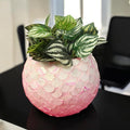 Handcrafted pink scalloped mosaic bowl with an ombre design, featuring intricate mosaic patterns and vibrant colors.