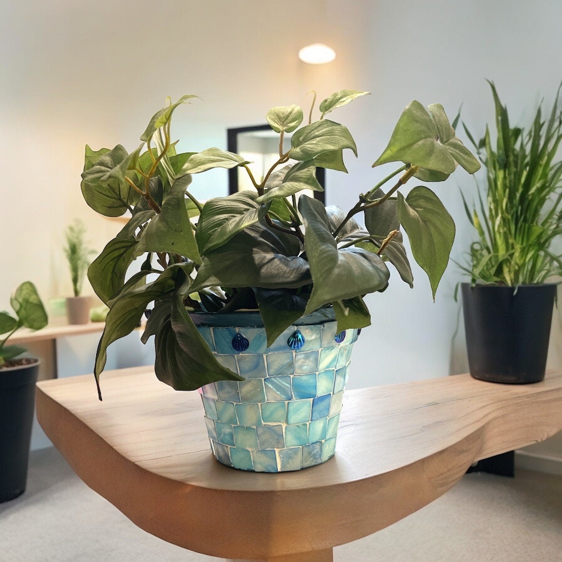 Artisan teal mosaic planter with mother of pearl accents and intricate geometric design by Miss Bette's Creations