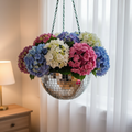 Hanging disco ball planter with artificial pink carnations, decorative home decor by Miss Bette's Creations.