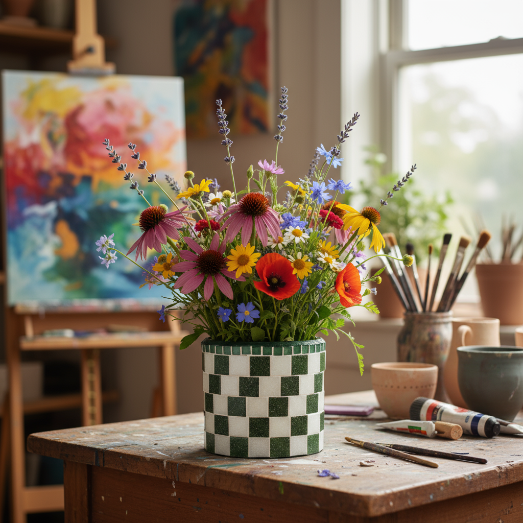 Modern green and white checkerboard mosaic herb planter with square shape and decorative design for indoor or outdoor use