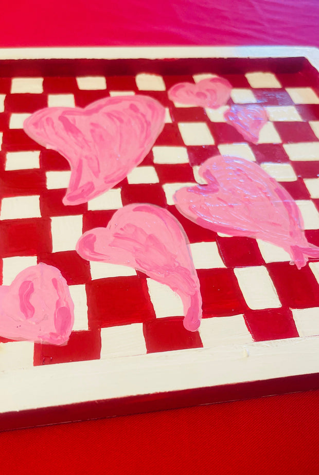Hand painted Hearts Wooden Checkerboard Coffee Table Tray