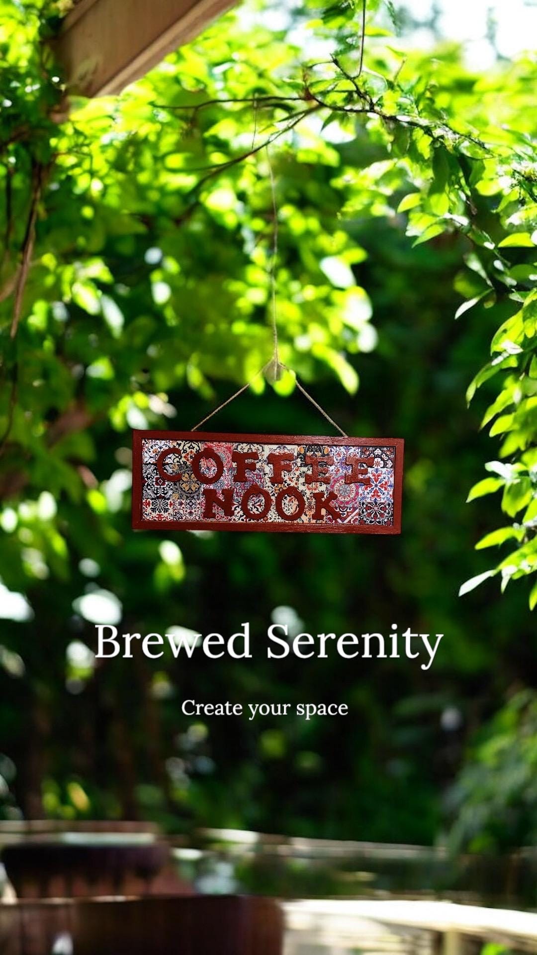 Wooden Coffee Nook wall hanging sign with white lettering, perfect for home decor in kitchen or coffee area.