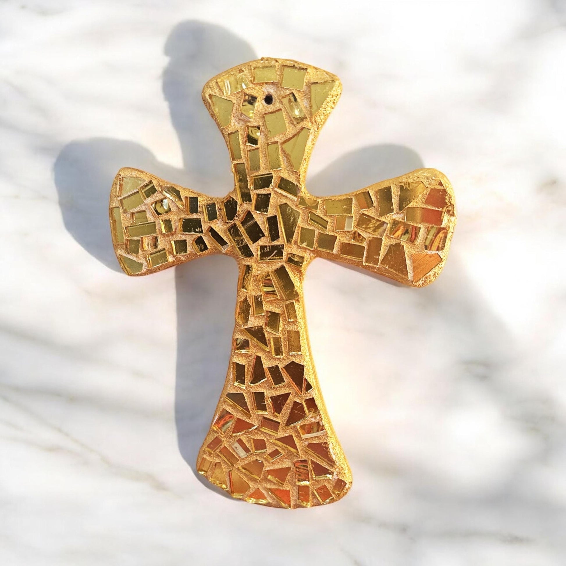 Handcrafted gold mosaic cross by Miss Bette's Creations featuring intricate mosaic design and detailed craftsmanship.