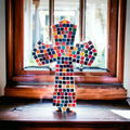 Colorful handcrafted mosaic cross with multicolor tiles, detailed religious art piece, made by My Store.