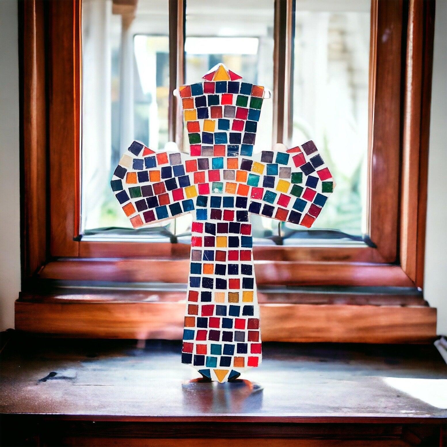 Colorful handcrafted mosaic cross with multicolor tiles, detailed religious art piece, made by My Store.