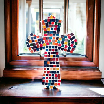 Colorful handcrafted mosaic cross with multicolor tiles, detailed religious art piece, made by My Store.