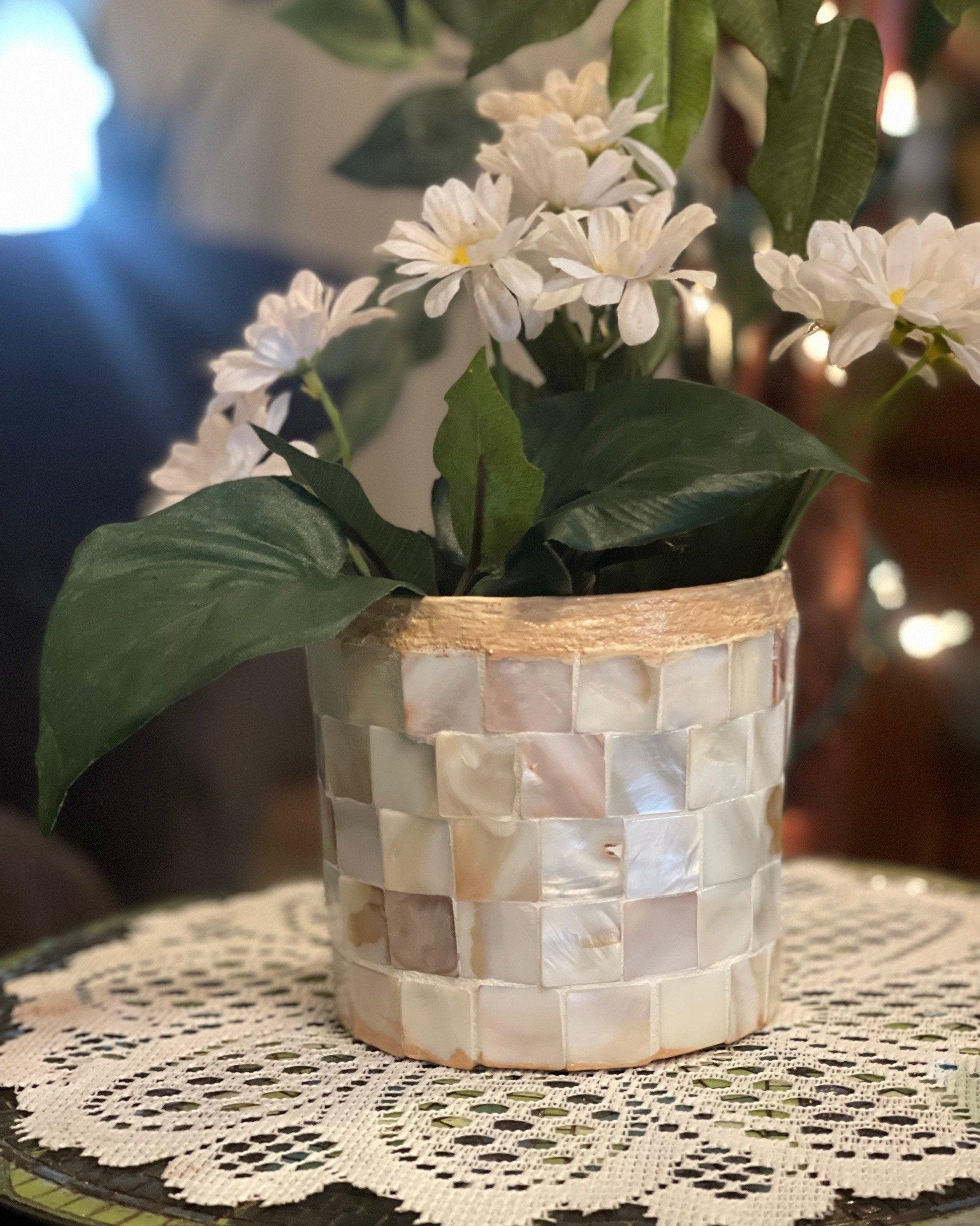 Artisan Sandstone Scale Mosaic Vase with textured mosaic pattern and earthy tones, handcrafted decorative ceramic vase.