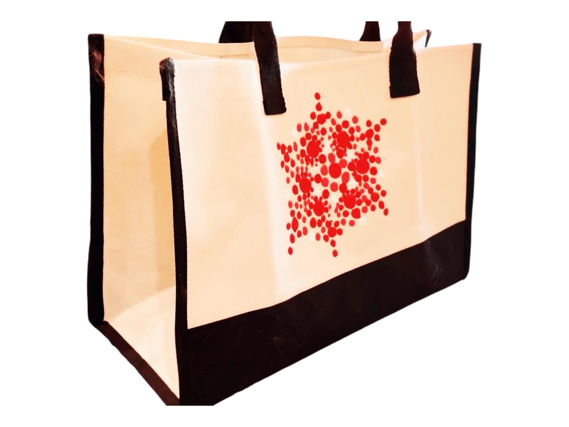 Hand-painted abstract floral canvas tote bag with colorful flower designs, durable handles, and spacious interior.