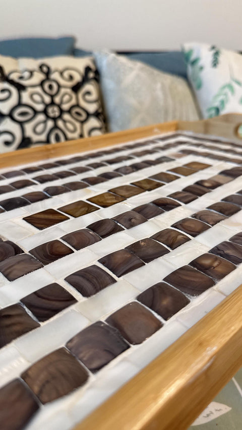 Brown and White Mother of Pearl Mosaic Wooden Bed Tray