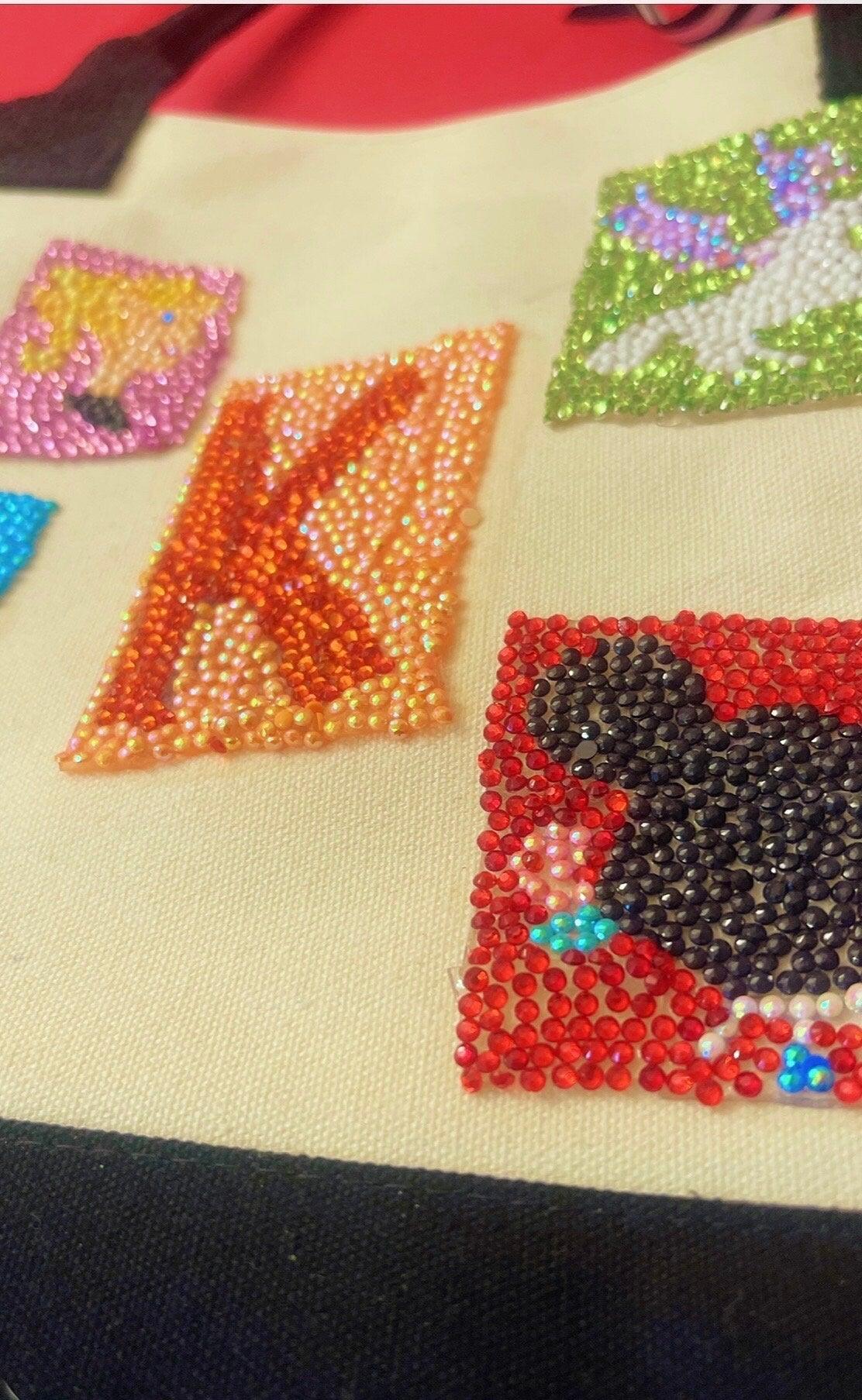 Handmade "K" initial diamond art tote bag featuring fairy tale design, crafted with sparkling diamond embellishments.