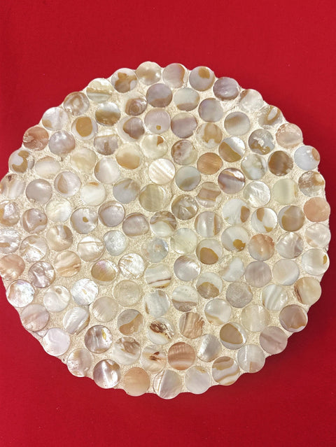 Scalloped Mother of Pearl Plant Stand | Round Tiles | 10” Round Stand | Wooden Plant Stand