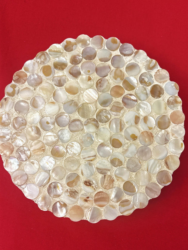 Scalloped Mother of Pearl Plant Stand | Round Tiles | 10” Round Stand | Wooden Plant Stand