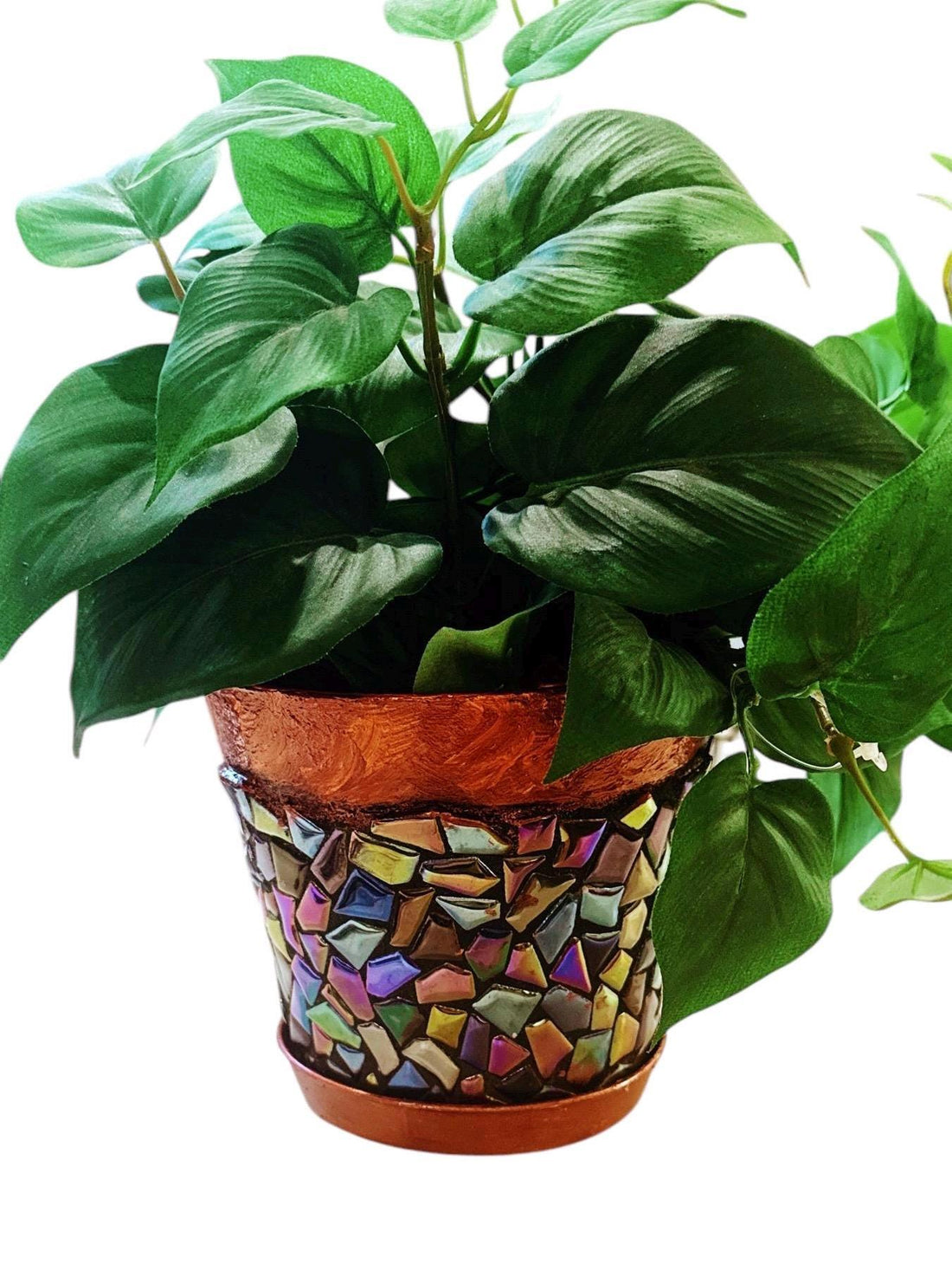 Iridescent mosaic planter with handcrafted glass tiles, featuring a round shape and vibrant colors for indoor or outdoor use.