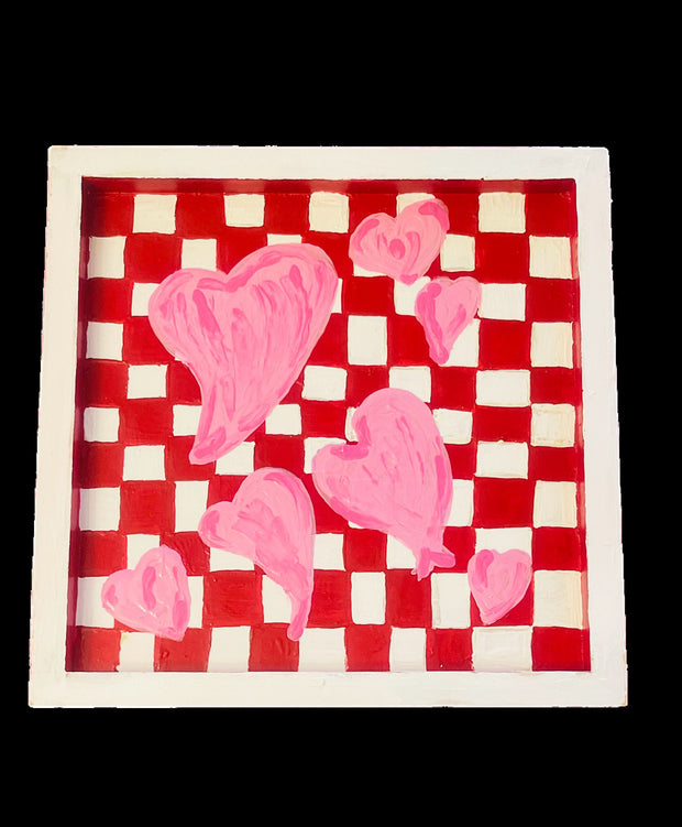 Hand painted Hearts Wooden Checkerboard Coffee Table Tray