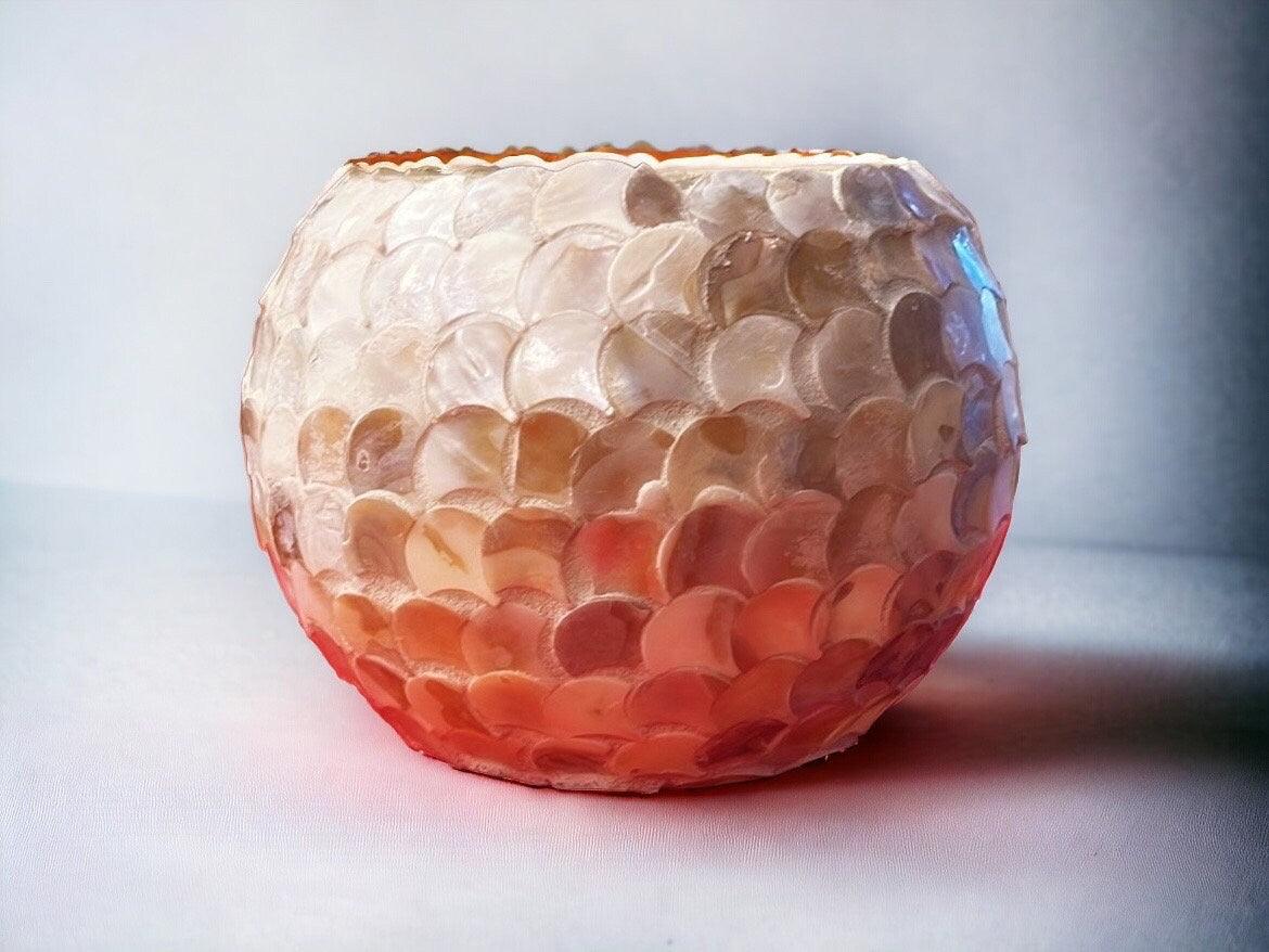 Handcrafted scalloped Capiz shell globe vase with intricate design, perfect for decorative floral arrangements.