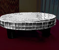 Reflective mirror mosaic pedestal stand by Miss Bette's Creations, featuring a decorative, shiny surface and sturdy base.